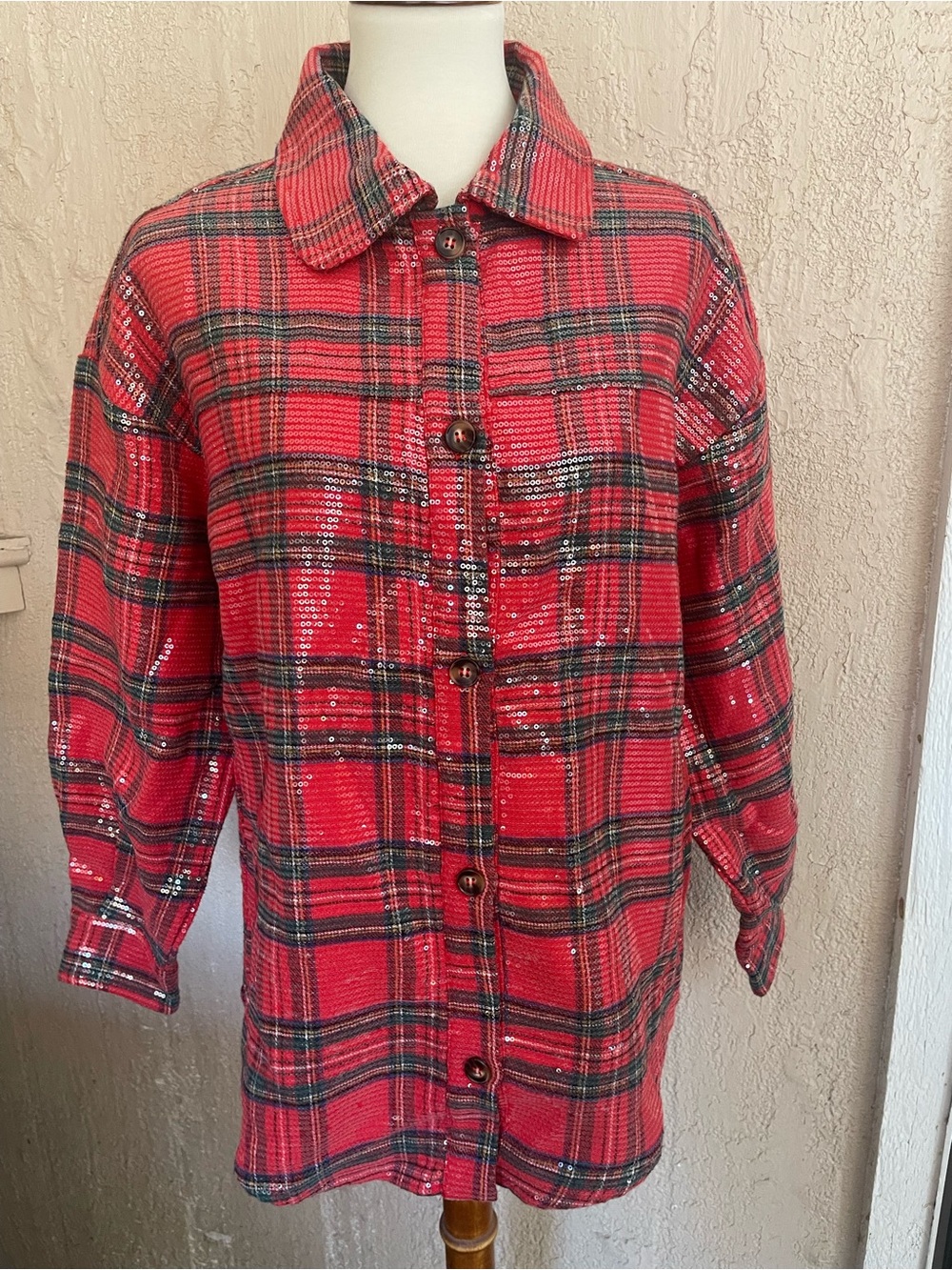 Bibi Red Plaid Sequin Button-Front Shacket